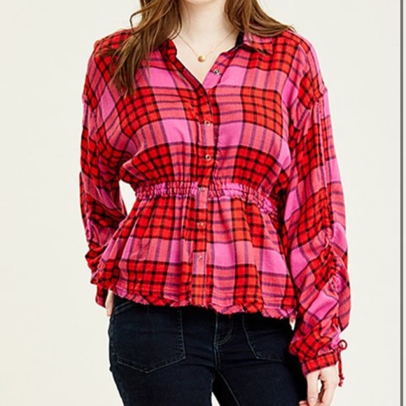 FREE PEOPLE | pacific dawn pink plaid cinched waist top small NWT - Picture 2 of 16